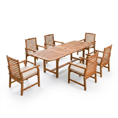 Outdoor Dining Set Designed for All-Weather Entertainment, Extendable Table, 6 Cushioned Chairs, Acacia Wood