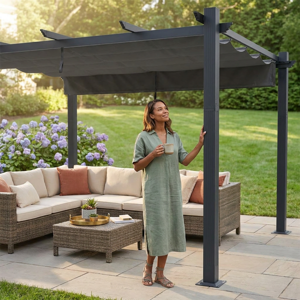 Outdoor Pergola Built for Year-Round Entertaining, 16x12 Ft Aluminum Frame, Retractable Canopy, 192 Sq Ft Coverage