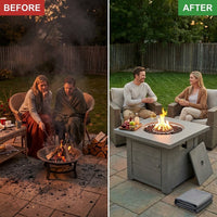 34 Inch Square Concrete Propane Fire Pit Table with Lava Rocks and Cover 50,000 BTU — Before & After
