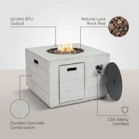 34 Inch Square Concrete Propane Fire Pit Table with Lava Rocks and Cover 50,000 BTU — infographic