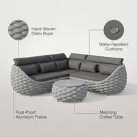 6-Piece Aluminum Patio Furniture Set, Olefin Rope Modern Outdoor Conversation Set Sectional Sofa with Water Repellent Thick Cushions and Coffee Table for Balcony, Garden, Light Grey — infographic