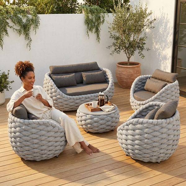 Outdoor Patio Furniture Set Built for All Weather, Aluminum Frame, Olefin Rope Weave, Water-Repellent Cushions