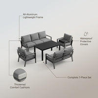 Aluminum Patio Furniture Set, 7 Piece Metal Outdoor Set, Patio Furniture Set with Waterproof Covers for Backyard Garden（Grey） — infographic