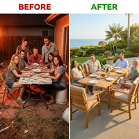 Brown 7-Piece Wood Patio Outdoor Dining Set with Extendable Table and Wood Chairs with Beige Cushion — Before & After