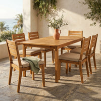 Brown 7-Piece Wood Patio Outdoor Dining Set with Extendable Table and Wood Chairs with Beige Cushion — Studio Shot