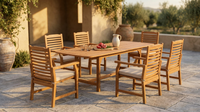 Brown 7-Piece Wood Patio Outdoor Dining Set with Extendable Table and Wood Chairs with Beige Cushion — Lifestyle