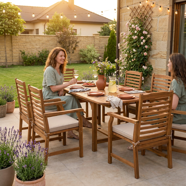 Outdoor Dining Set Designed for All-Weather Entertainment, Extendable Table, 6 Cushioned Chairs, Acacia Wood