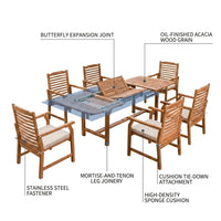 Brown 7-Piece Wood Patio Outdoor Dining Set with Extendable Table and Wood Chairs with Beige Cushion — How It Works