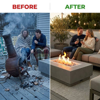 Rectangular Fire Pit Table Designed for Year-Round Entertaining, Concrete Construction, Multi-Function Design — Before & After