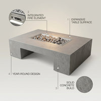Rectangular Fire Pit Table Designed for Year-Round Entertaining, Concrete Construction, Multi-Function Design — infographic