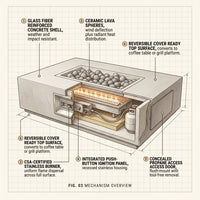 Rectangular Fire Pit Table Designed for Year-Round Entertaining, Concrete Construction, Multi-Function Design — How It Works